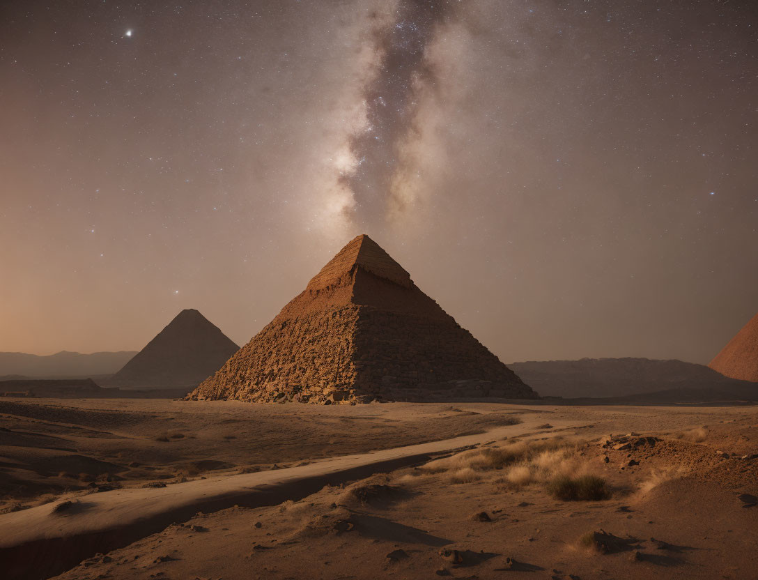 Ancient pyramids under a starry night sky with Milky Way and shining star