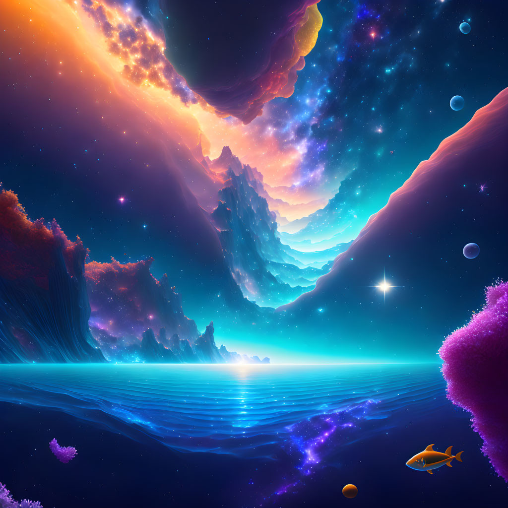 Colorful surreal cosmic landscape with glowing nebula, rocky cliffs, ocean, flora, and fish-like