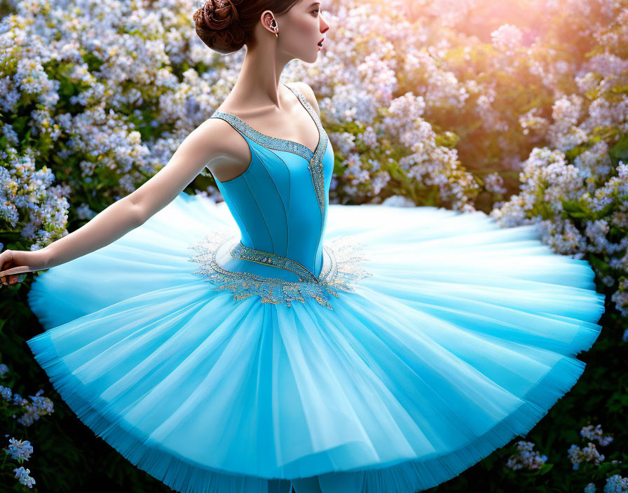 Ballerina in Blue Tutu Among Lilac Bushes