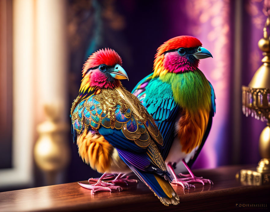 Colorful Birds with Red, Blue, Green, and Golden Plumage Perched Indoors