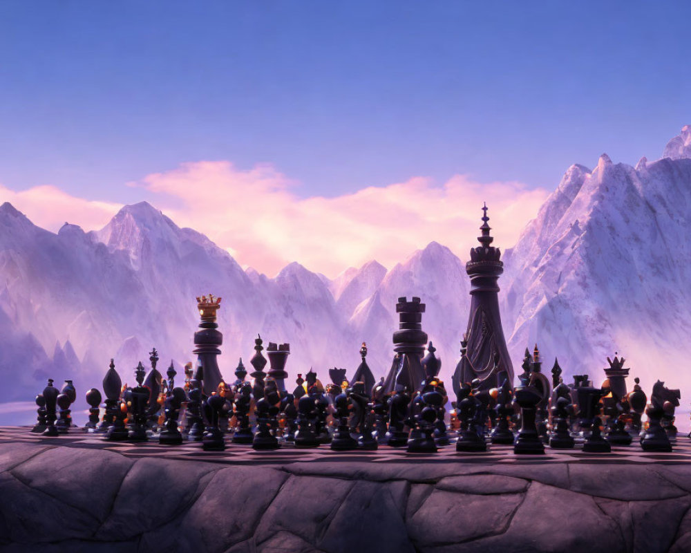 Stylized chess set with intricate pieces against purple mountains