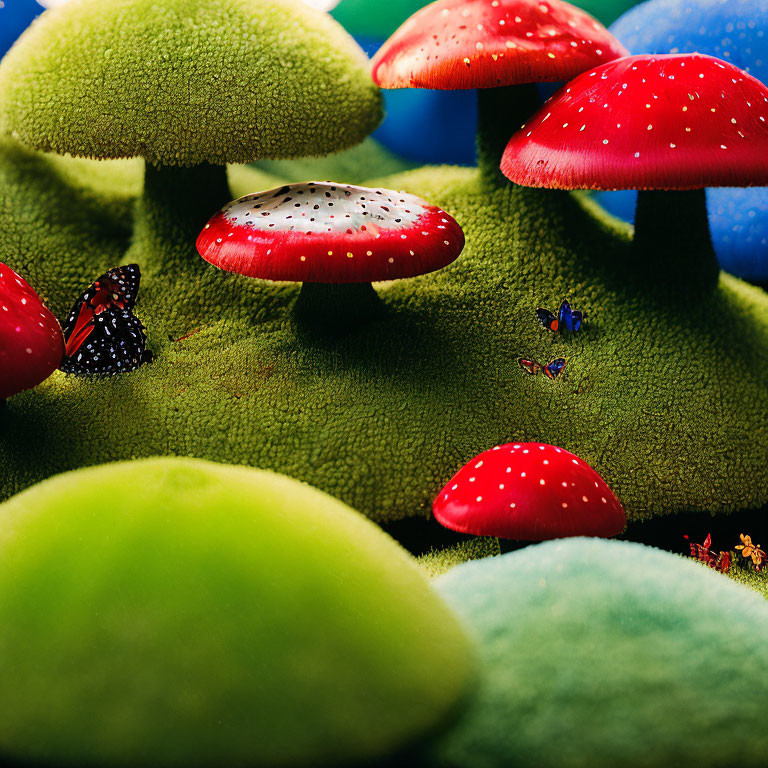 Colorful red mushrooms with white spots on mossy green background, butterflies, and tiny creatures.