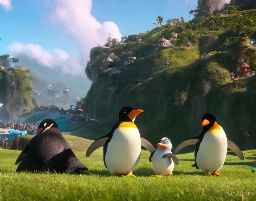 Animated penguins in grassy field with whimsical village and sunny sky