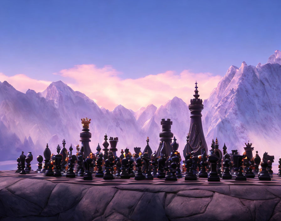 Stylized chess set with intricate pieces against purple mountains