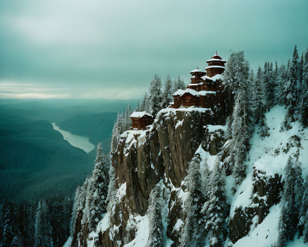 Snow-covered cliff with traditional buildings overlooking forested valley.