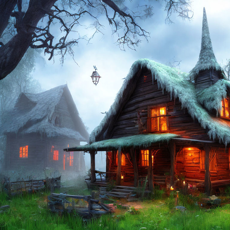 Twilight scene: Rustic cottages in foggy forest