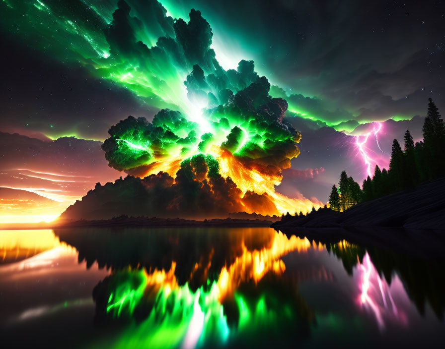 Colorful Aurora Borealis Over Fiery Cloud Explosion and Lightning