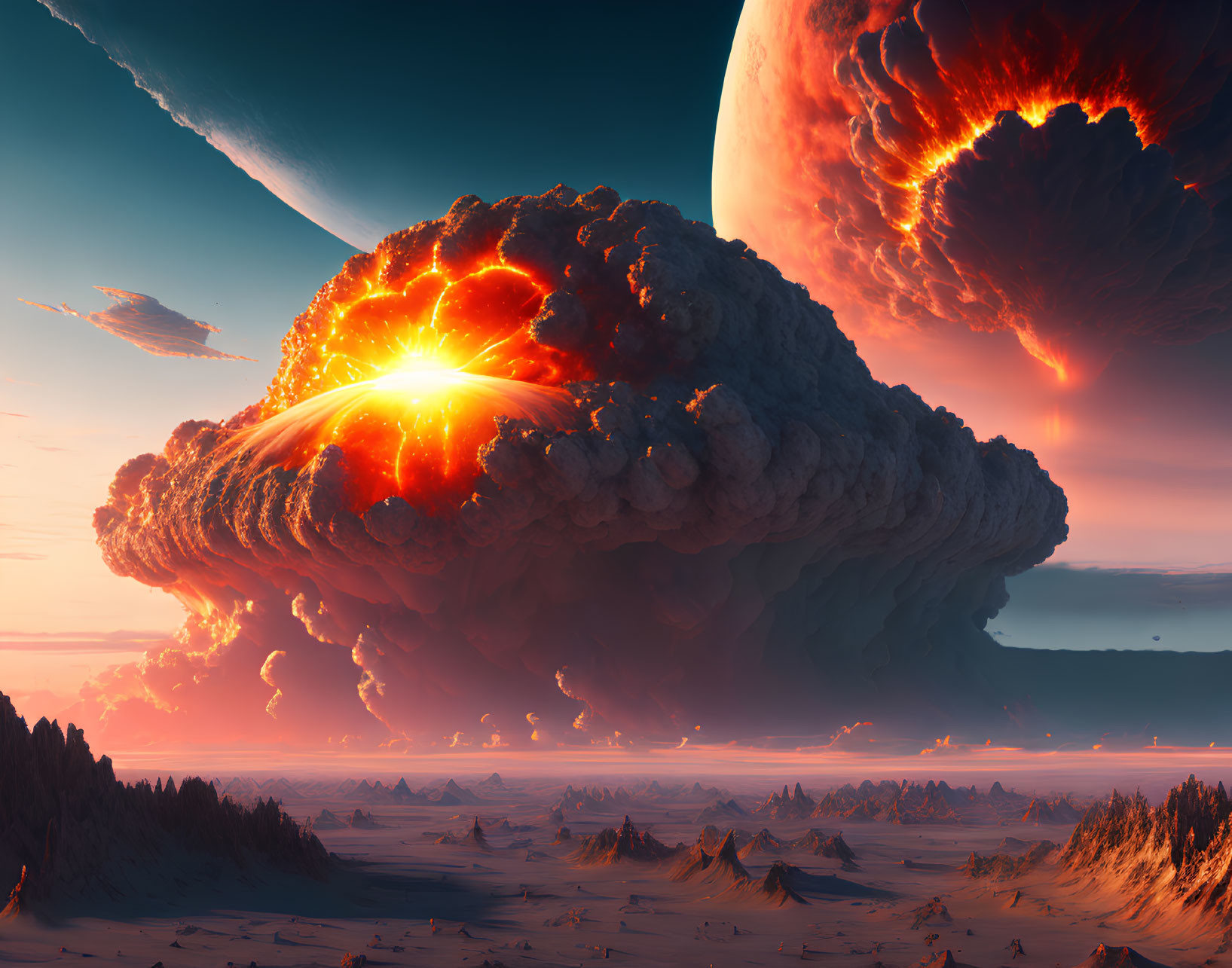 Gigantic planets overlook fiery explosion on alien planet