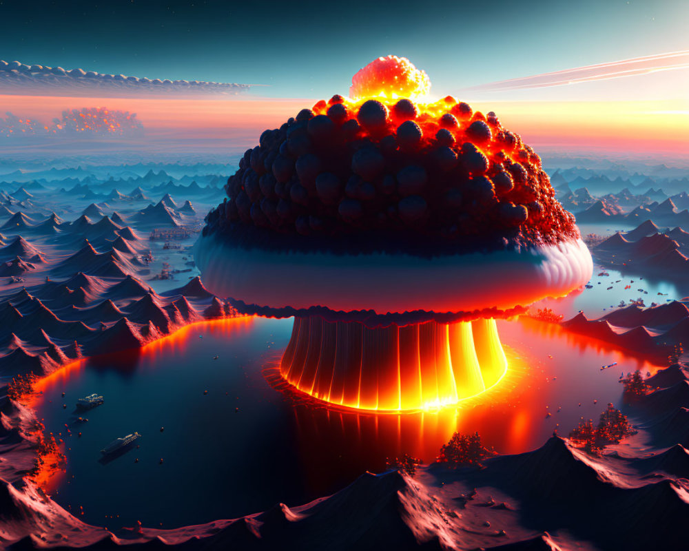 Surreal landscape with glowing mushroom structure in twilight landscape