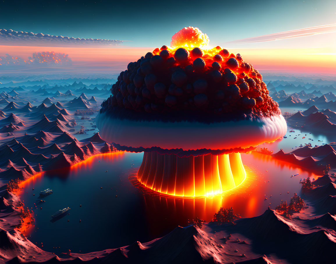 Surreal landscape with glowing mushroom structure in twilight landscape