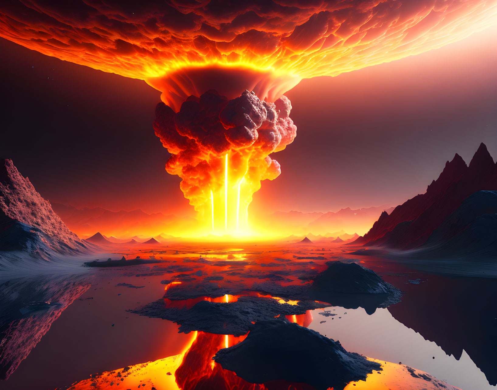 Fiery explosion with mushroom cloud over surreal red landscape