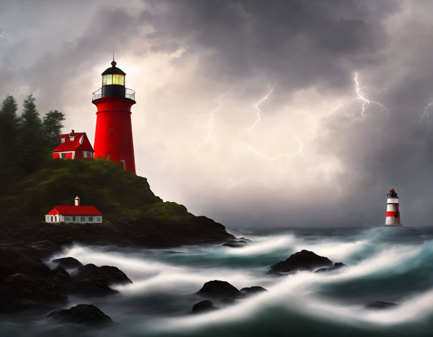 Red lighthouse on rocky island with smaller beacon in stormy sea under dark sky.