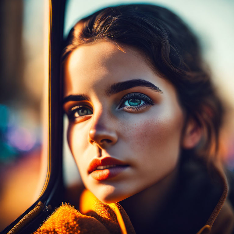 Close-up of young woman with striking eyes and makeup by window in warm sunlight