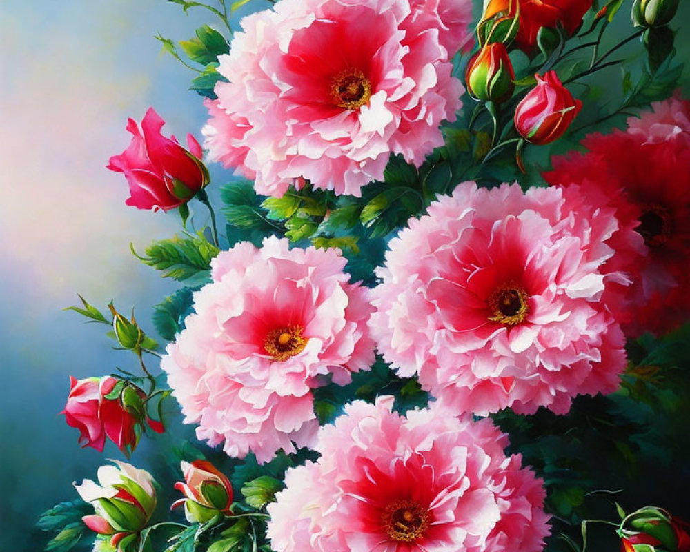 Detailed Painting of Pink Peonies in Full Bloom