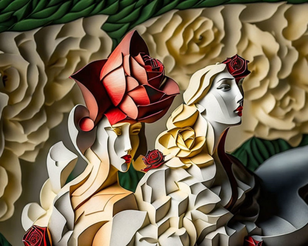 Figural artwork with floral motifs and 3D effect in rich colors