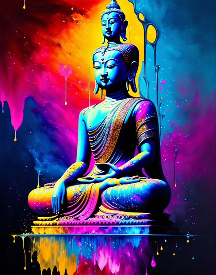 Colorful Digital Art: Seated Buddha in Meditative Pose with Neon Paint Drips