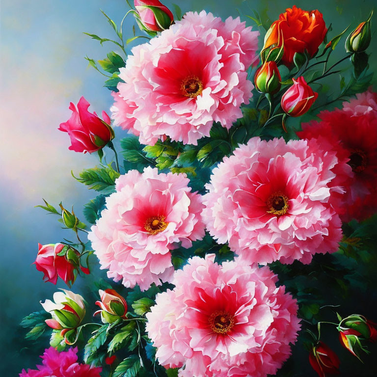 Detailed Painting of Pink Peonies in Full Bloom