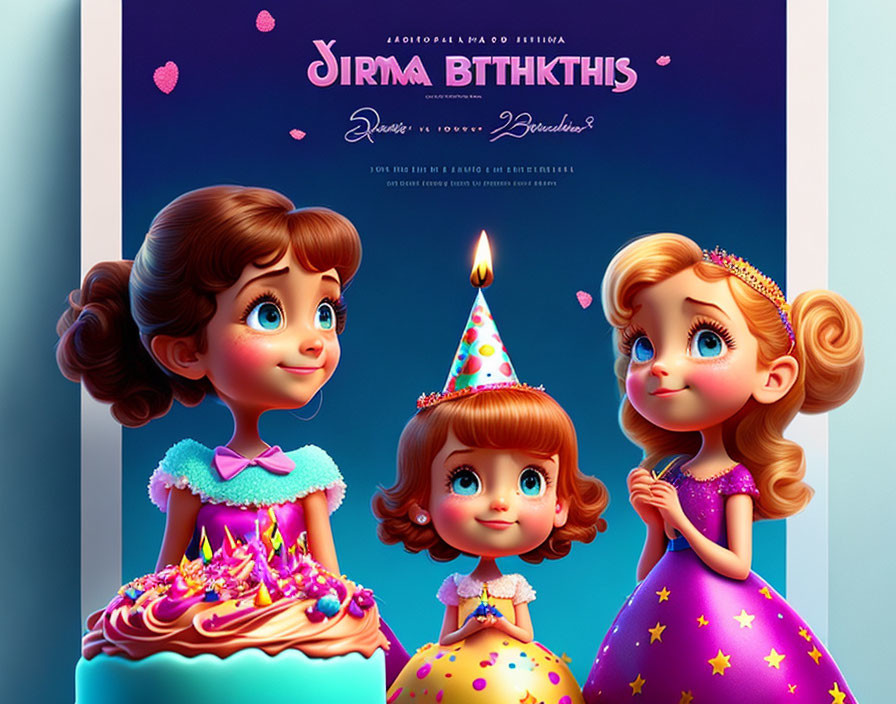 Three animated girls celebrating a birthday with a cake and pink hearts on a blue background