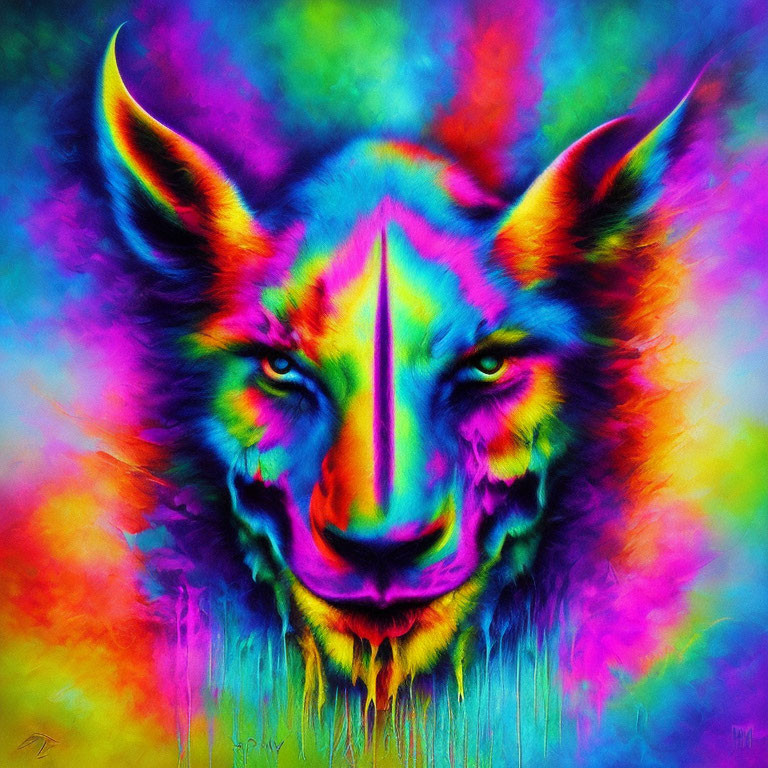 Colorful Psychedelic Wolf Face Painting in Vibrant Pink, Blue, Green, and Purple H