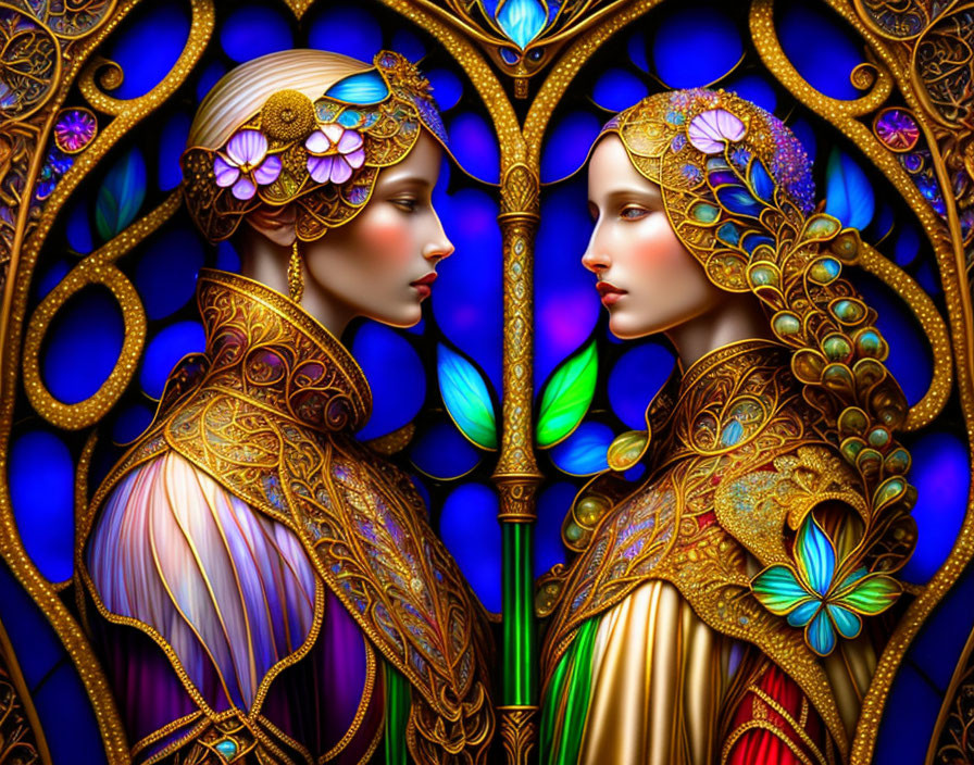 Symmetrically positioned Art Nouveau female figures in vibrant colors