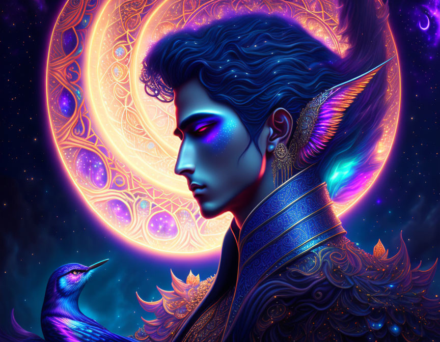 Blue-skinned individual with golden ear armor and hummingbird in cosmic setting