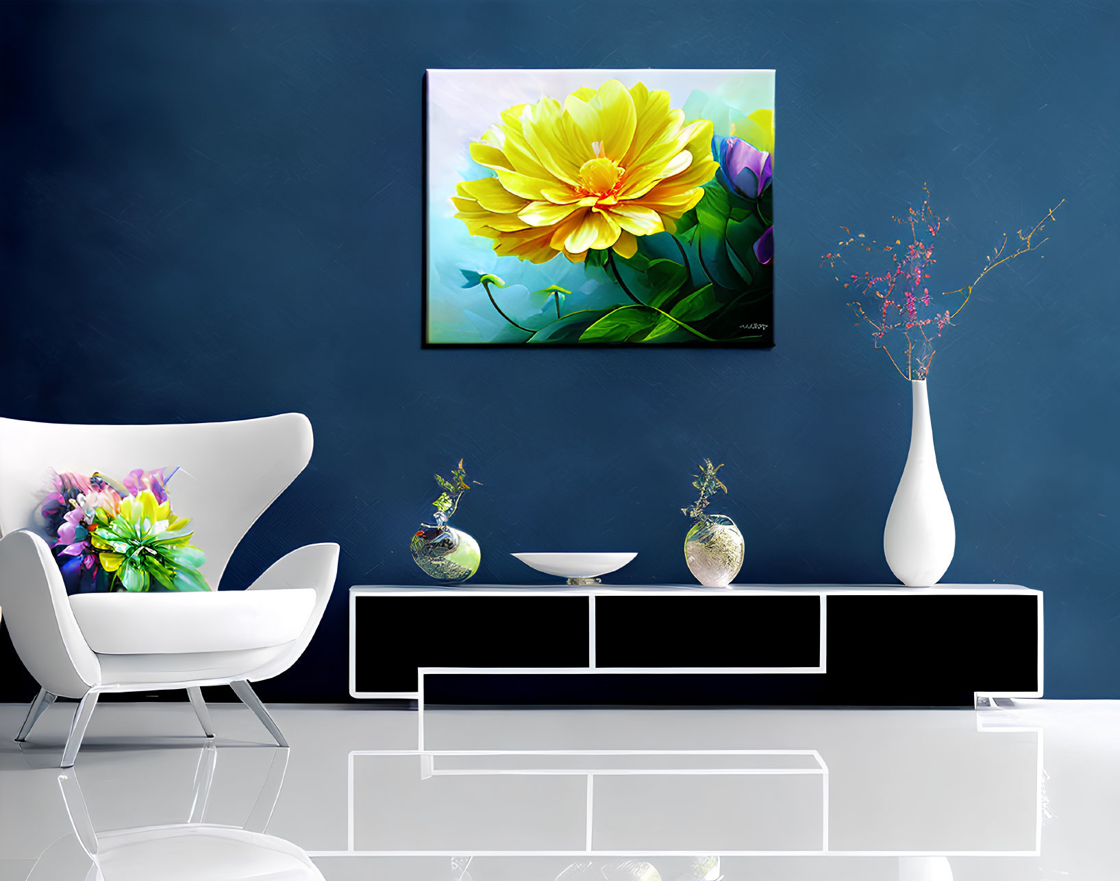 Modern living room with white furniture, black TV stand, floral painting, and blue wall.