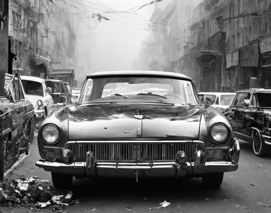 Vintage Car Parked on Busy Street with Classic Buildings in Monochrome Cityscape