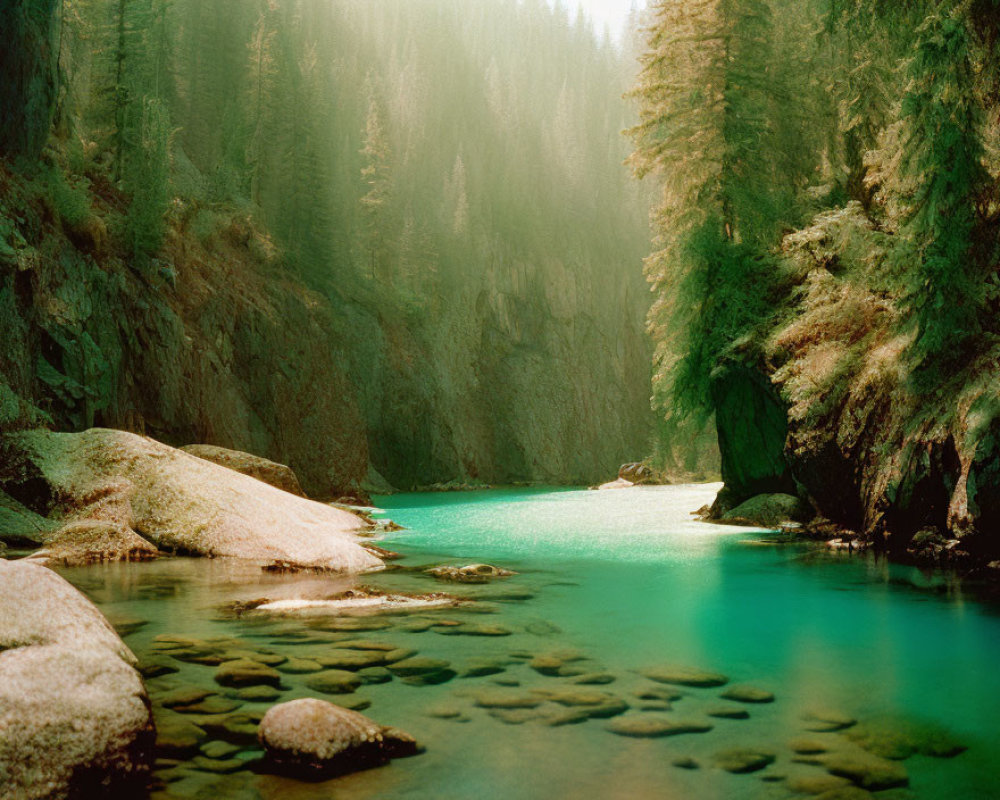 Serene River in Forested Canyon with Sunlight Filtering through Trees