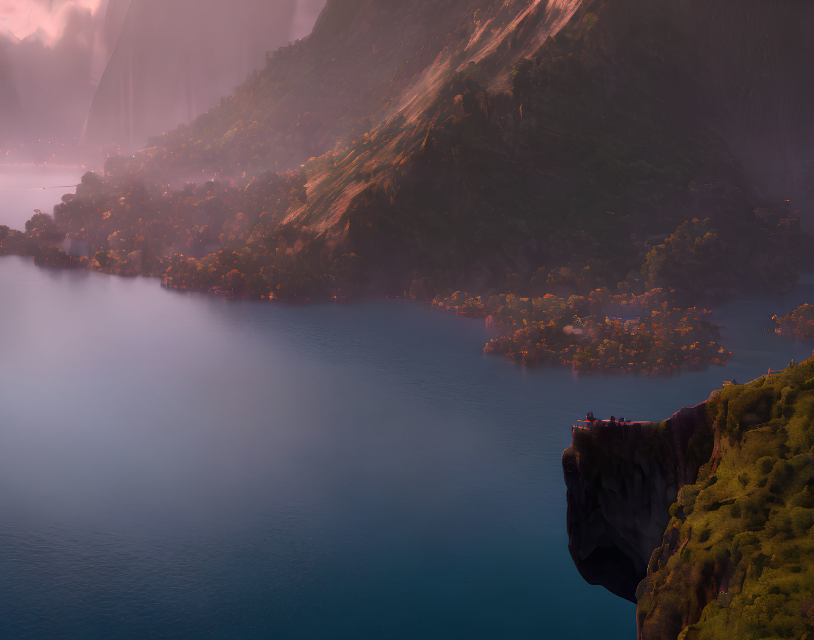 Tranquil lakeside cliff with autumn trees and mountain view