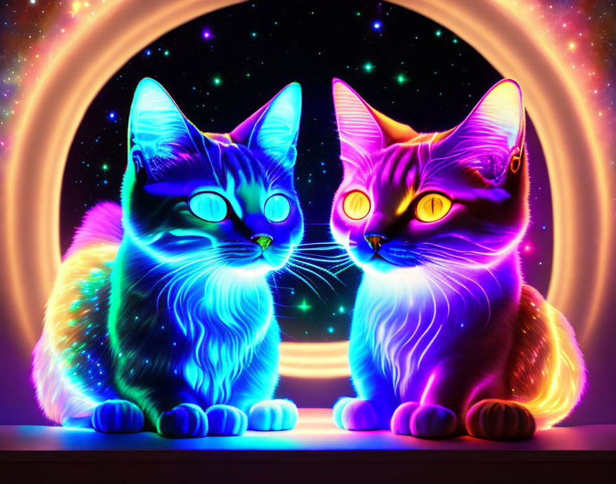 Dual Neon Cats with Cosmic Patterns in Luminous Setting