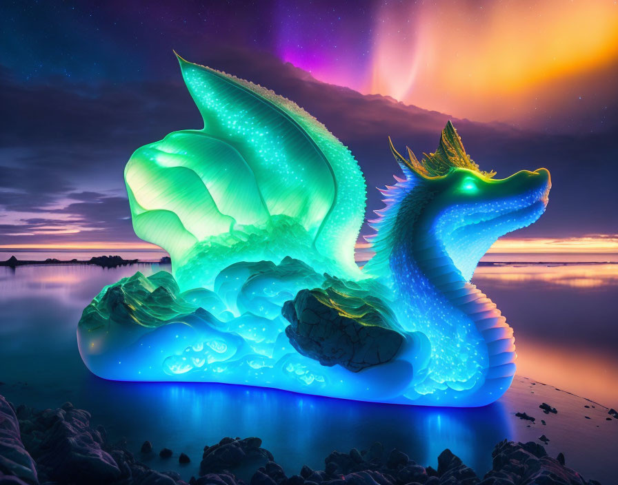 Digital artwork: Neon-lit dragon sea creature at twilight shore with Aurora Borealis