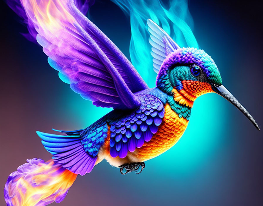 Colorful Digital Illustration of Hummingbird with Neon Blue and Purple Hues