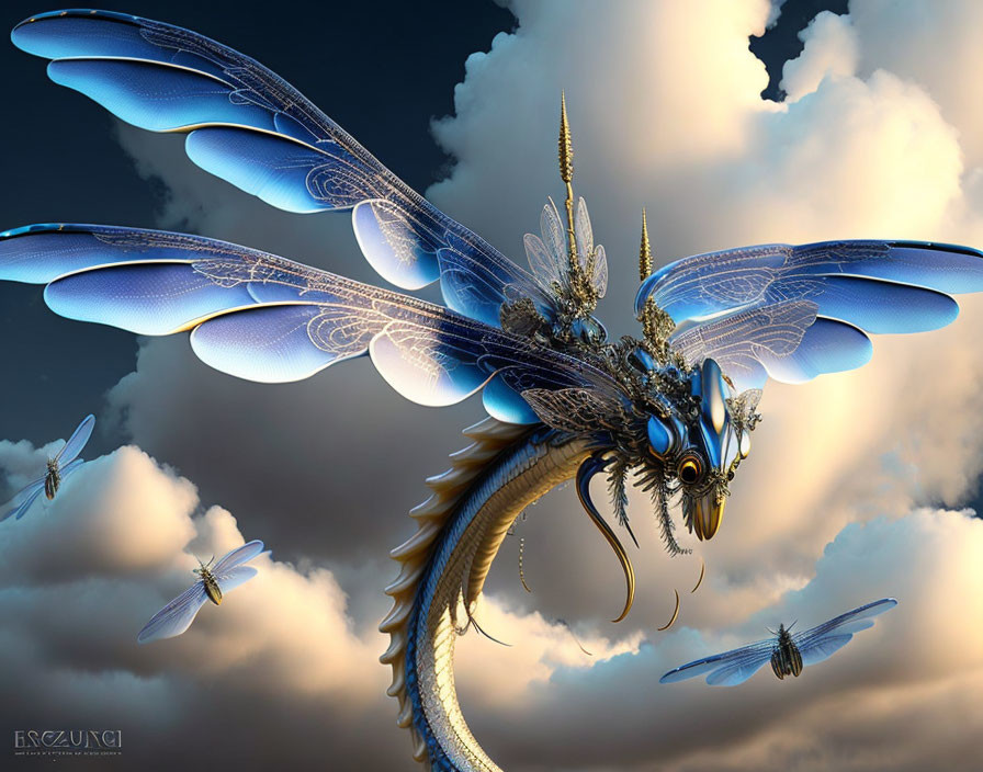 Blue dragon with butterfly wings, ornate horns, and dragonflies in cloudy sky