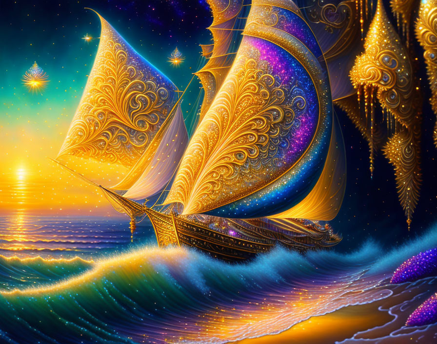 Golden ship with ornate sails glides on a sparkling ocean under a starlit sky