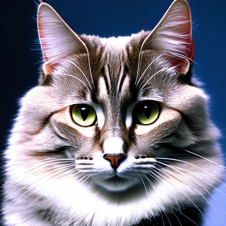 Fluffy Tabby Cat with Green Eyes and Facial Markings on Dark Blue Background