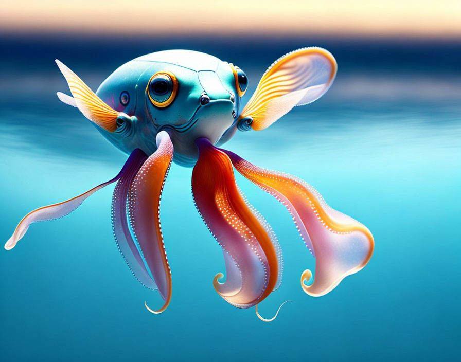 Colorful digital artwork: Fish and squid blend, blue scales, orange fins, delicate tentacles,