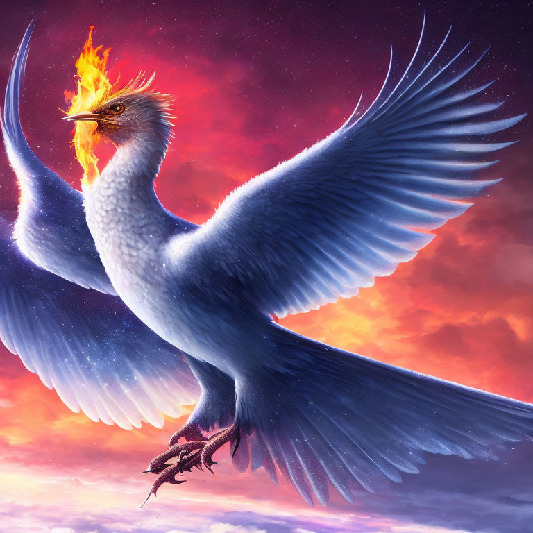 Majestic phoenix with fiery crest soaring in vivid sunset-hued sky