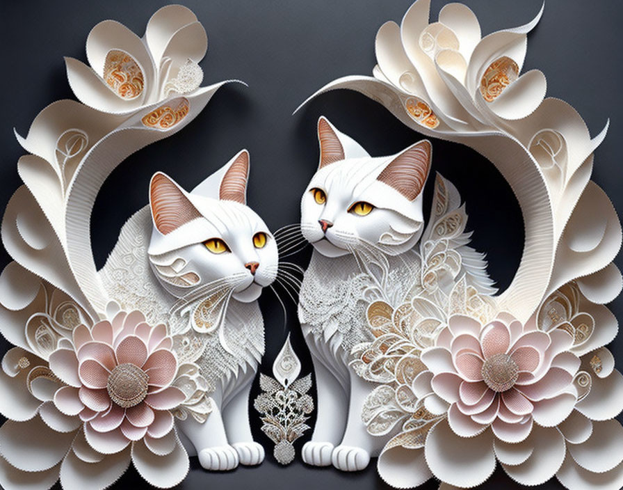 Symmetrical white paper art cats with floral patterns on dark background