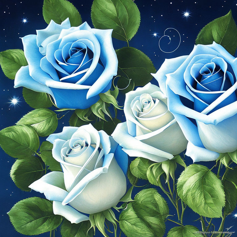 Vibrant blue roses with crescent moons on a starry background