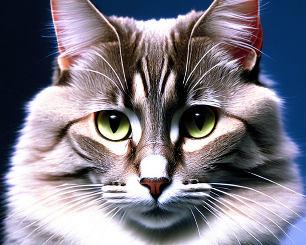 Fluffy Tabby Cat with Green Eyes and Facial Markings on Dark Blue Background