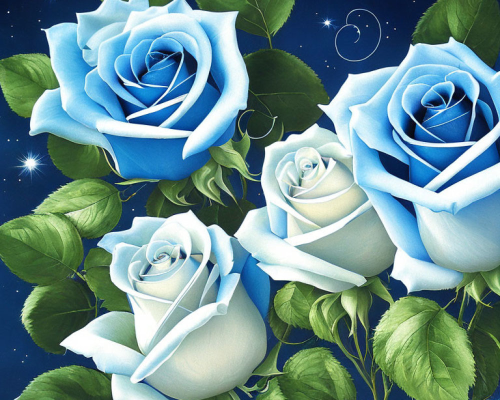 Vibrant blue roses with crescent moons on a starry background