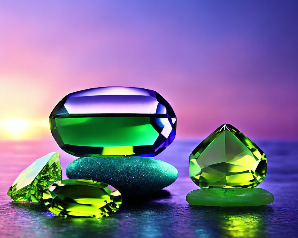 Colorful Gemstones on Reflective Surface with Gradient Background