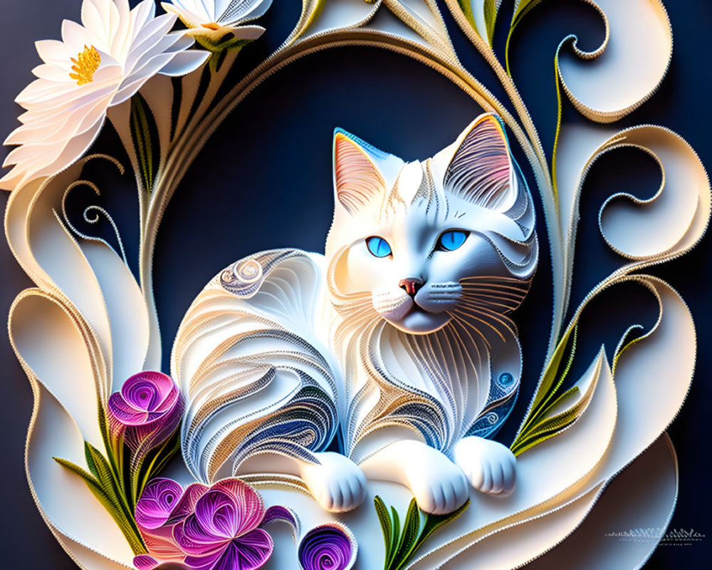 White Cat with Blue Eyes Surrounded by Floral Motifs in Paper Art Style