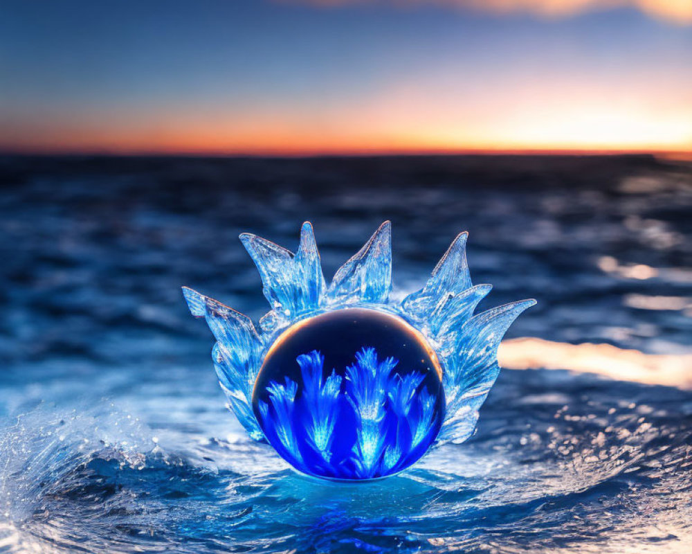 Crystal glass ball lotus flower on seashore at sunset.