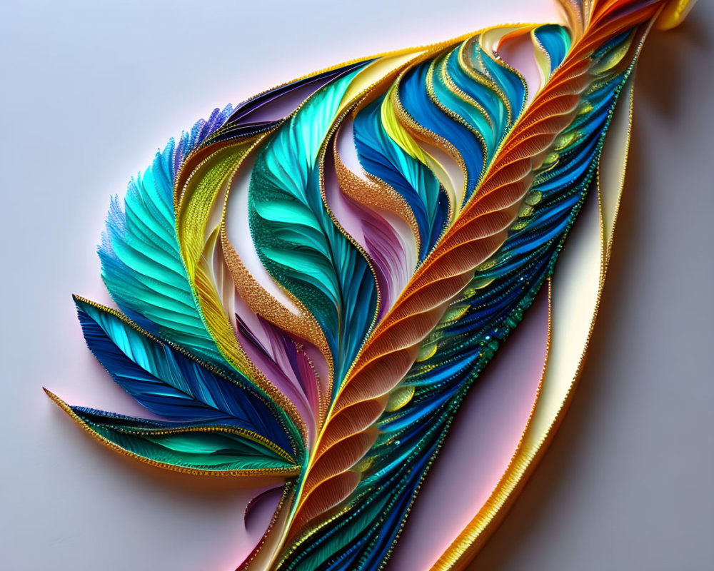 Intricate Paper Art Resembling Feathers in Blue, Gold, and Purple