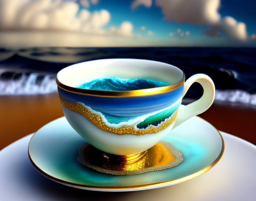 Sea and Sky Motif Cup and Saucer with Ocean Wave Contents on Blurred Marine Background