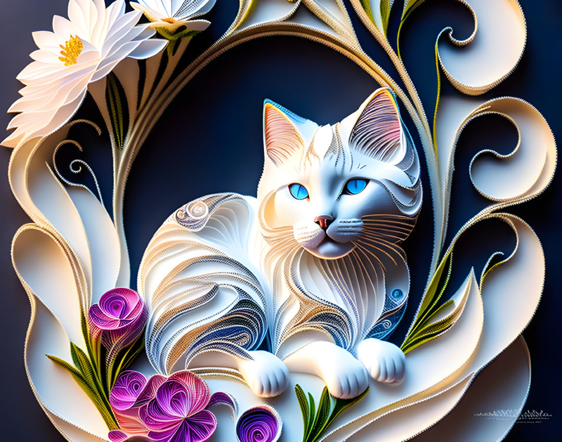 White Cat with Blue Eyes Surrounded by Floral Motifs in Paper Art Style