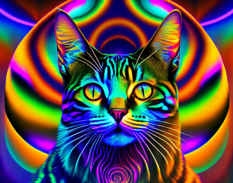 Colorful Digital Art: Psychedelic Rainbow Cat with Swirling Background