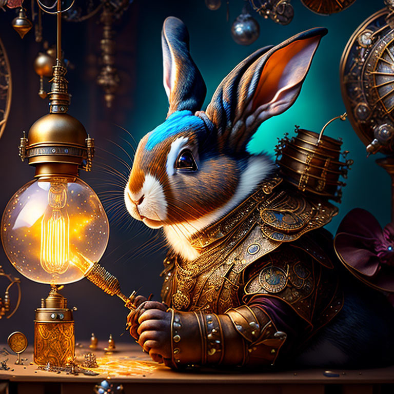 Steampunk-style anthropomorphic rabbit with armor and goggles holding glowing bulb among vintage gadgets