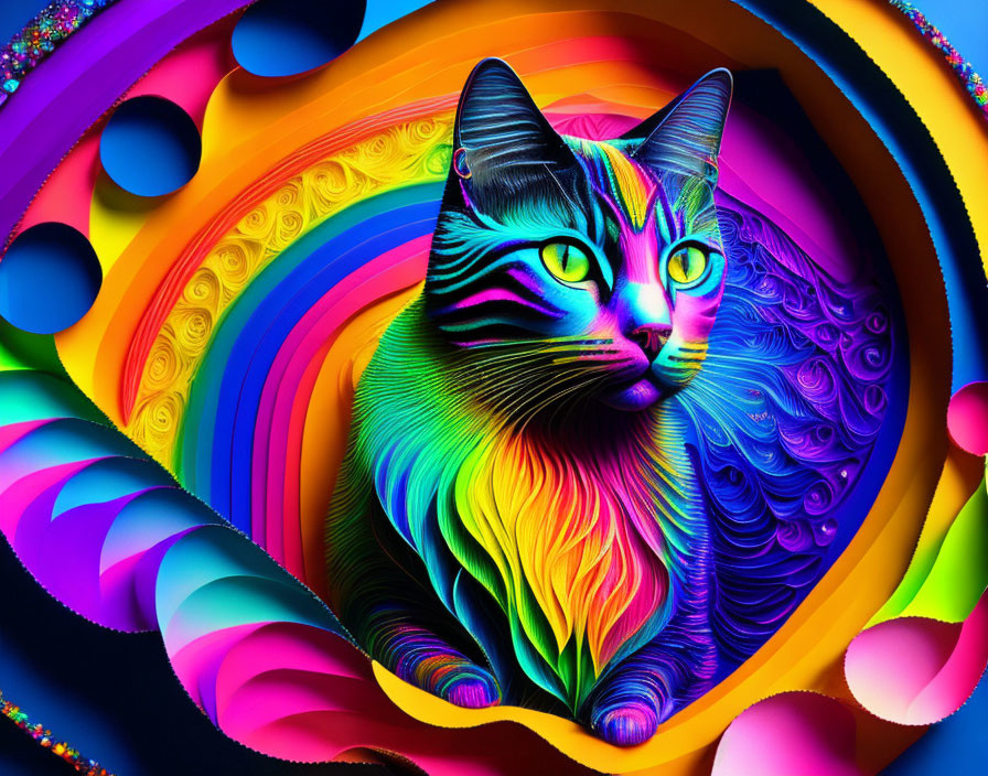 Colorful Psychedelic Cat Art Against Rainbow Abstract Background